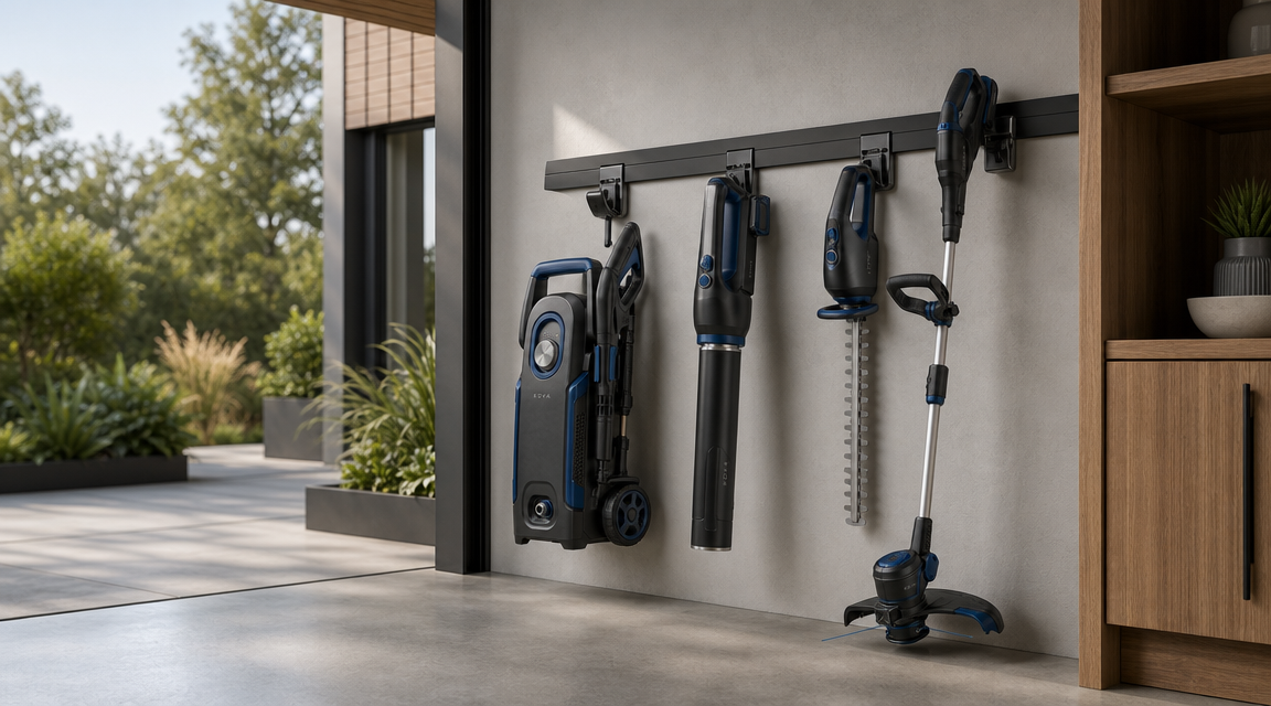 KOVA outdoor care tools stored at a modern threshold